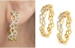 14K Yellow Gold Diamond Honeycomb Hoop Earrings