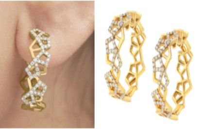 14K Yellow Gold Diamond Honeycomb Hoop Earrings