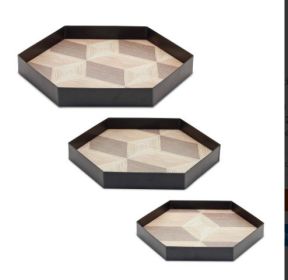 12" Natural And Black Hexagon Trays - set of 3