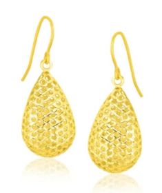 14k Yellow Gold Honeycomb Texture Large Teardrop Drop Earrings