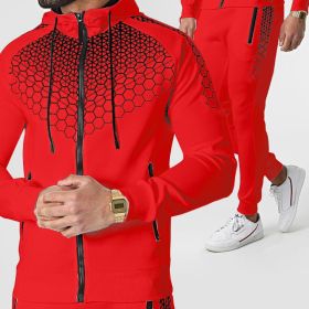 Autumn and Winter zippered honeycomb hooded sportswear design (Color: red, Size: L)